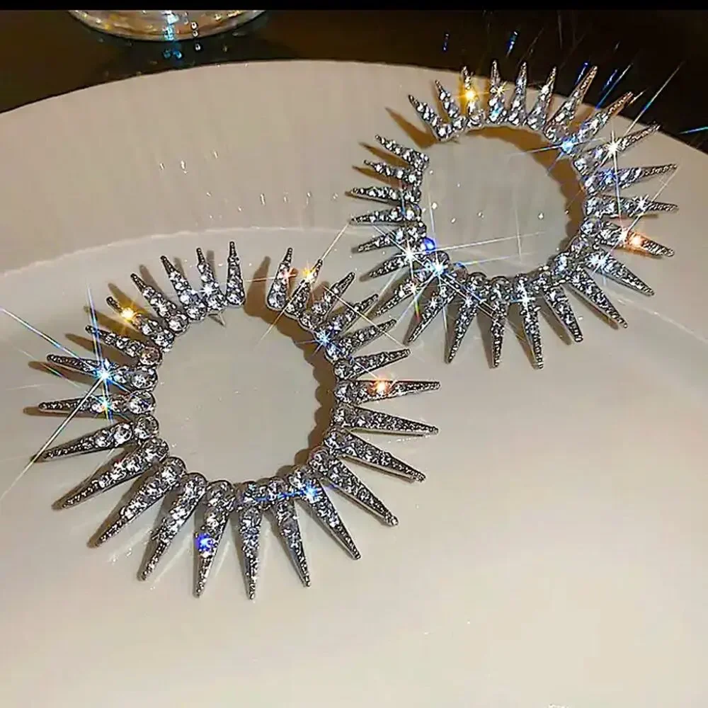 Exaggerated Spiked Zircon Earrings, Statement Silver Oversized Wedding